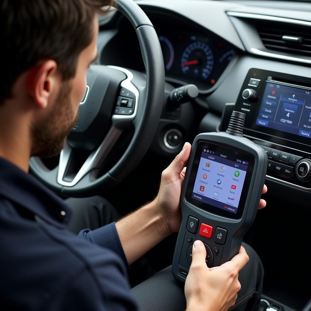 Mechanic Using OBD2 Scanner on Honda Civic