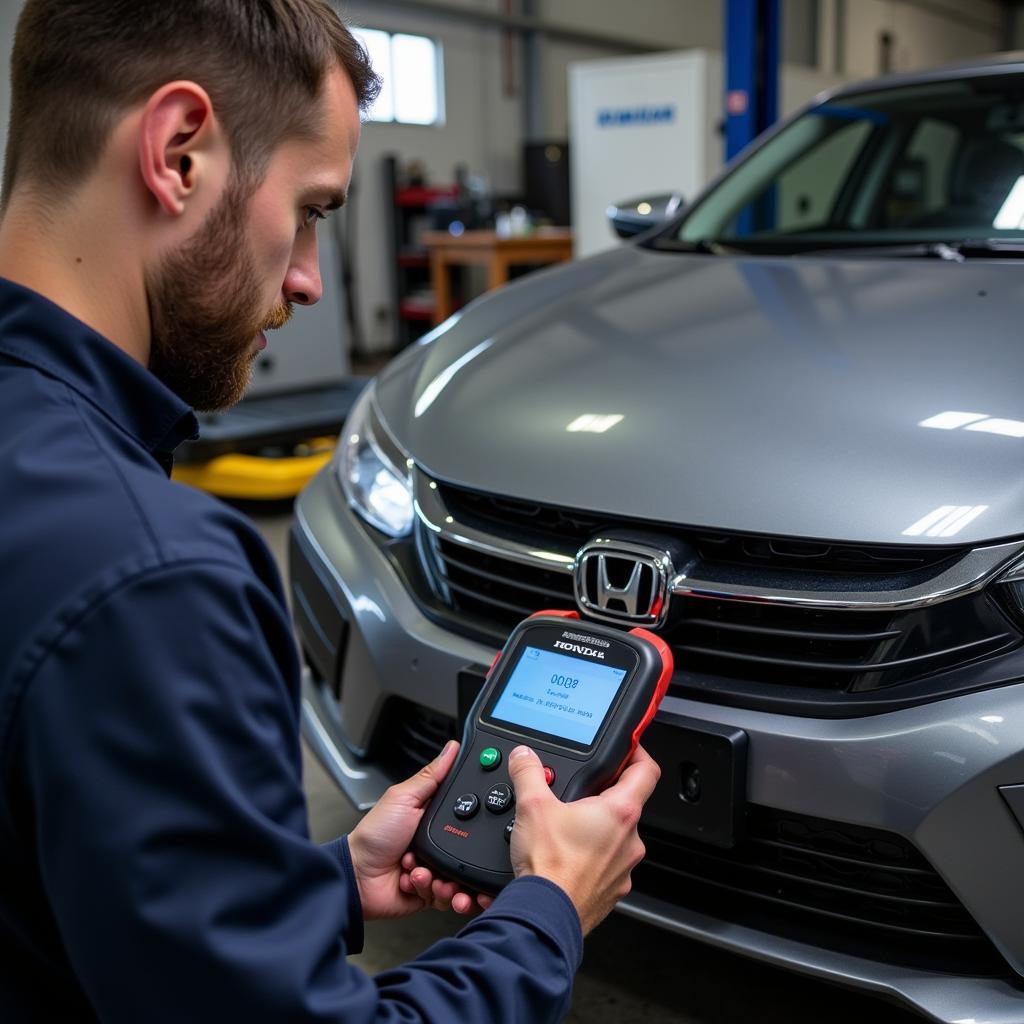 Mechanic Using OBD2 Scanner on Honda Civic