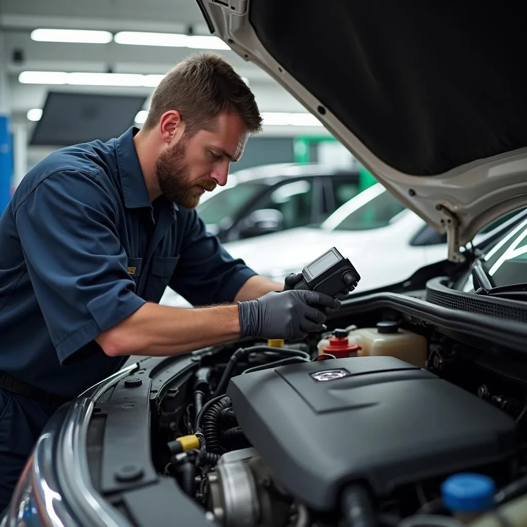 Mechanic using an OBD2 scanner on a Honda CR-V engine