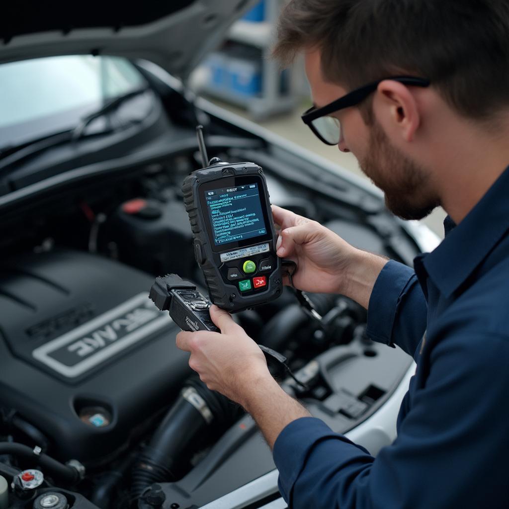 Mechanic using an OBD2 scanner on a Hyundai engine