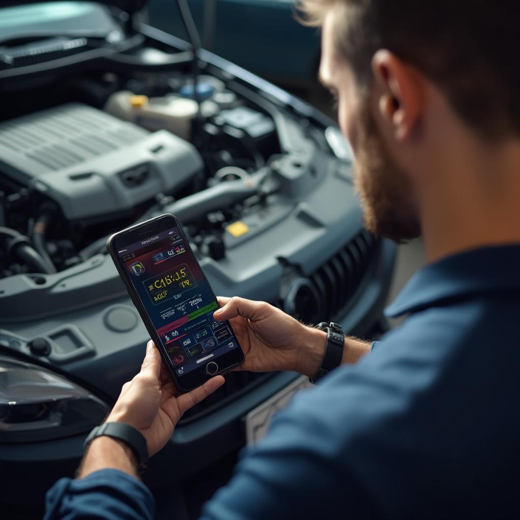 Mechanic Using OBD2 Scanner on iPhone