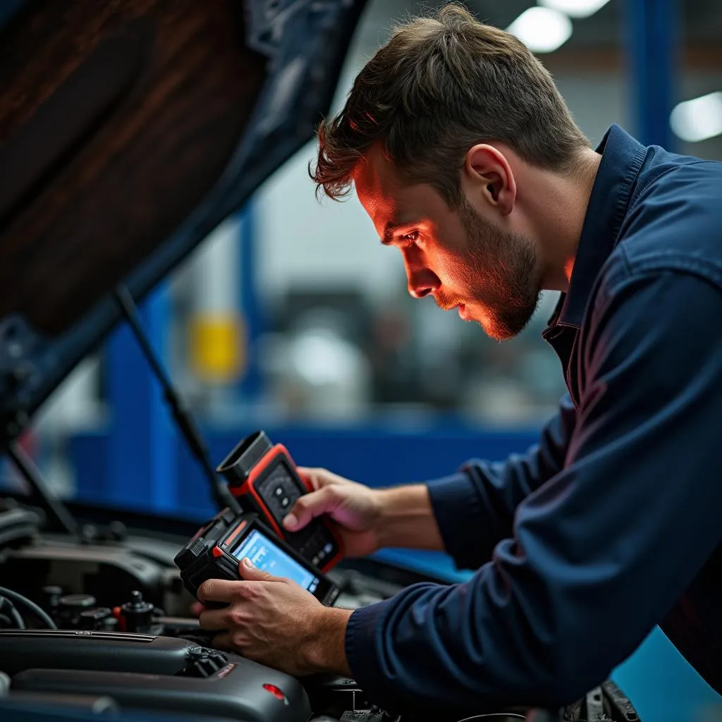 Mechanic using an OBD2 scanner on a JDM engine