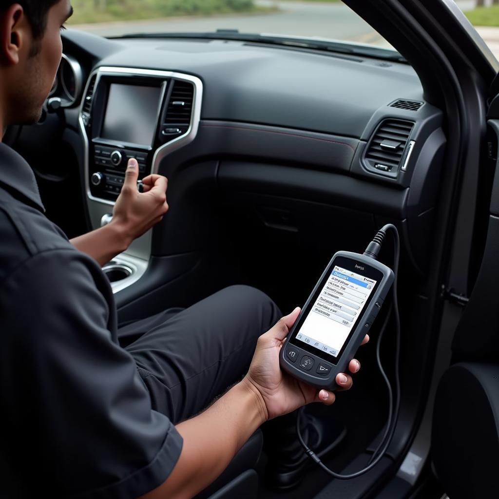 Mechanic Using OBD2 Scanner on Jeep Grand Cherokee