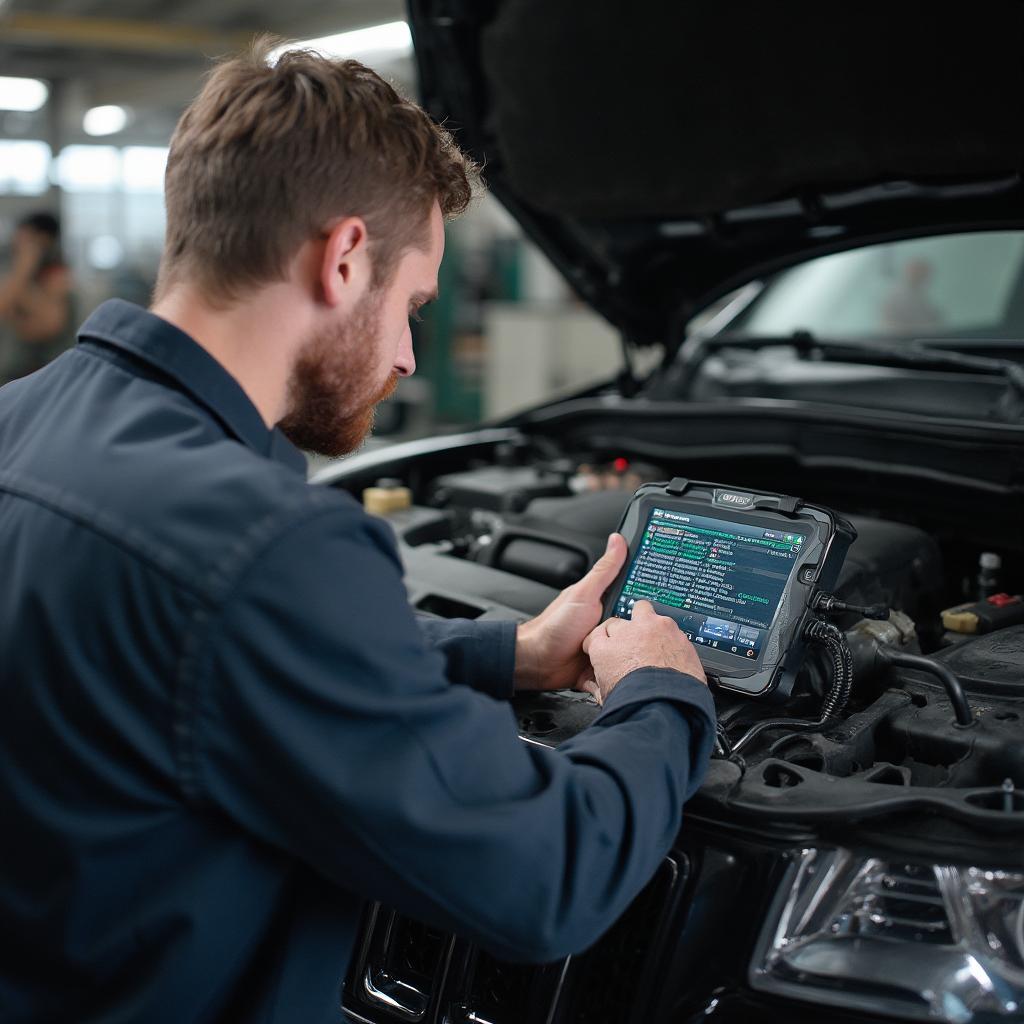 Mechanic using an OBD2 scanner on a Jeep Grand Cherokee