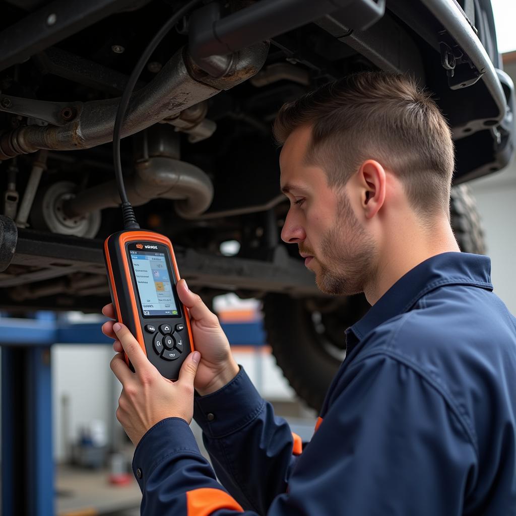 Mechanic using OBD2 Scanner on Jeep Transmission