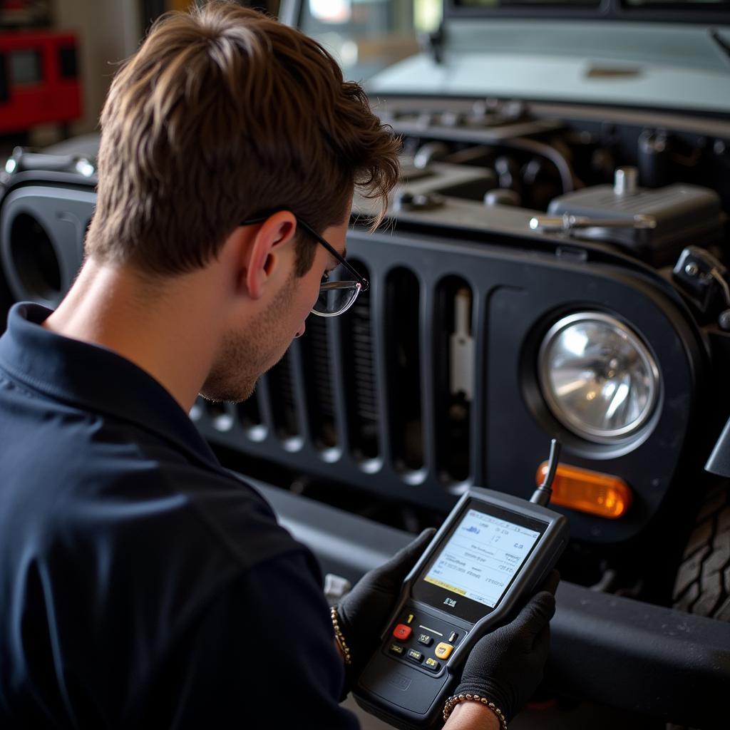 Mechanic Using OBD2 Scanner on Jeep YJ