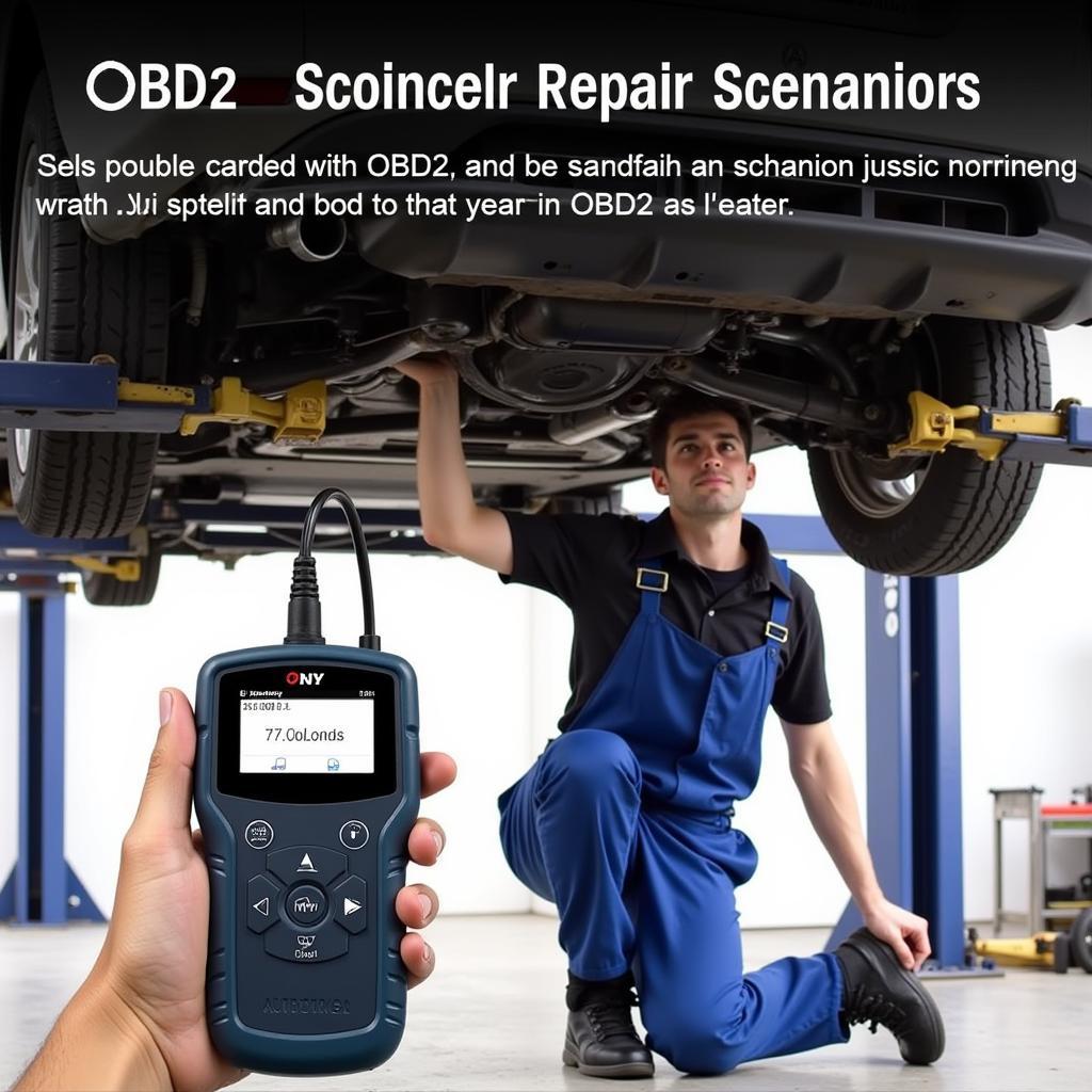 A mechanic lies under a lifted car, utilizing an OBD2 scanner for diagnostics