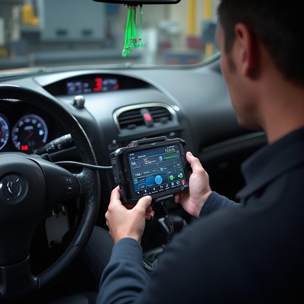 Mechanic Using OBD2 Scanner on Mazda Protege