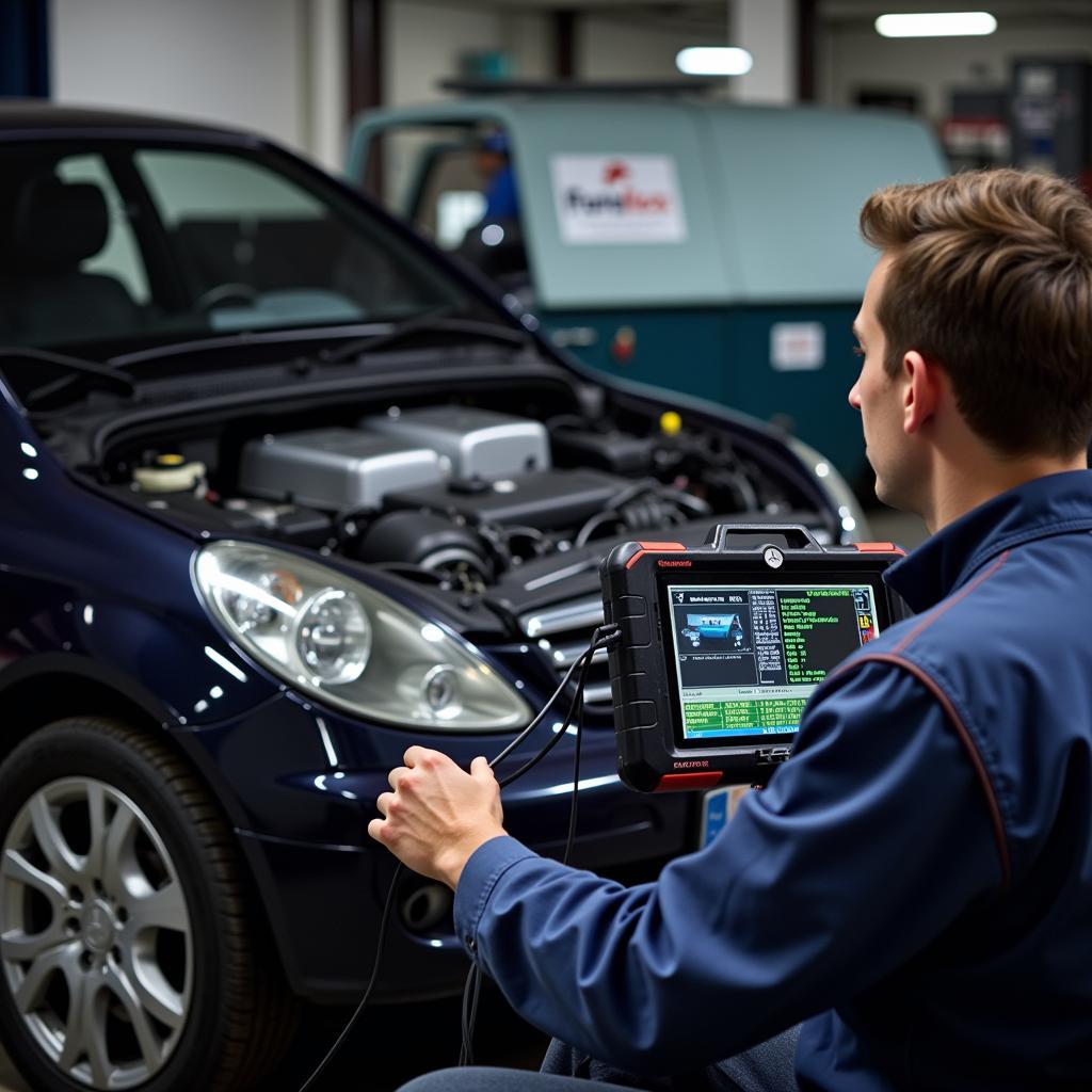 Mechanic diagnosing Mercedes-Benz 2003 with OBD2 scanner