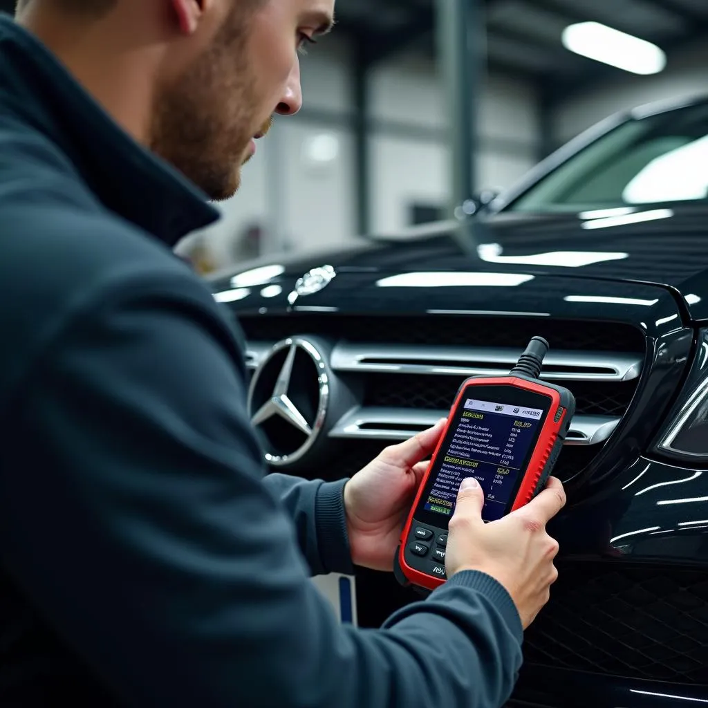 Mechanic Using OBD2 Scanner on a Mercedes Benz in a Garage