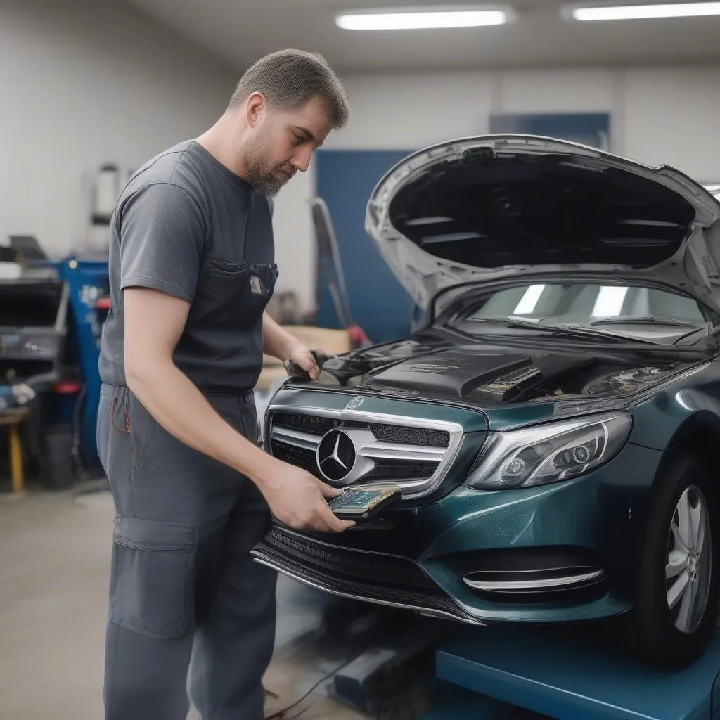 Mechanic Using OBD2 Scanner on Mercedes