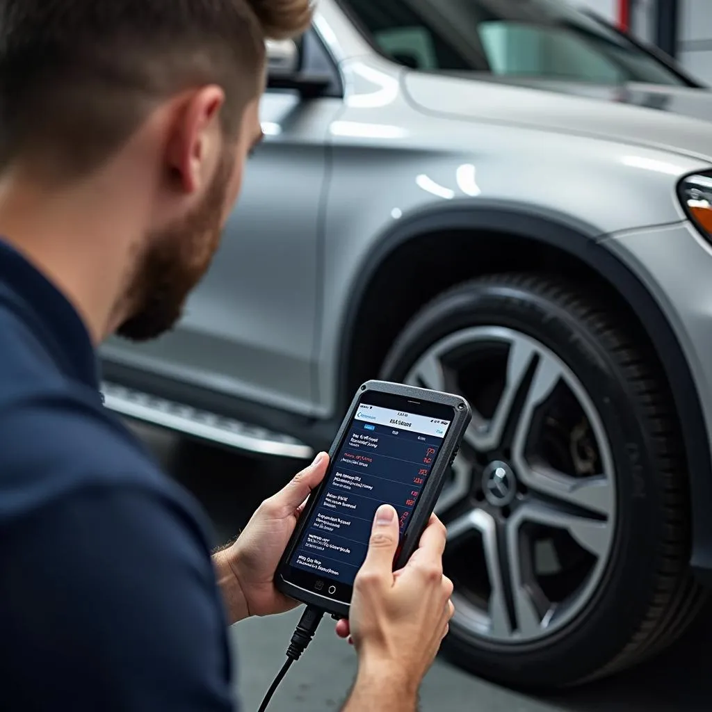 Mechanic Using OBD2 Scanner on Mercedes