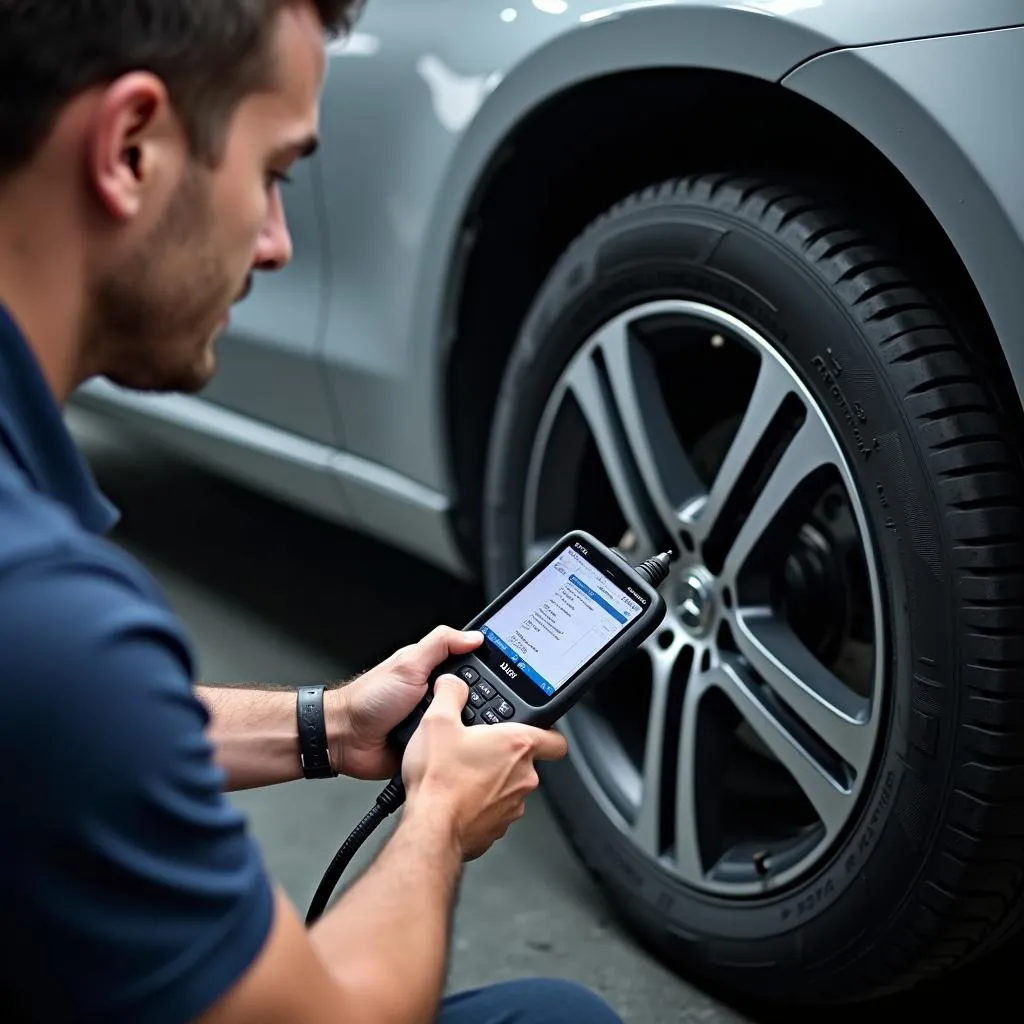 Mechanic Using OBD2 Scanner on Mercedes