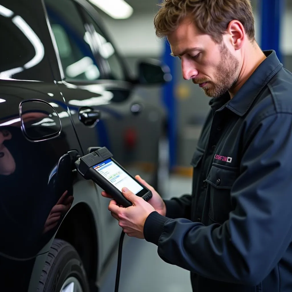 Mechanic diagnosing a Mercedes with an OBD2 scanner