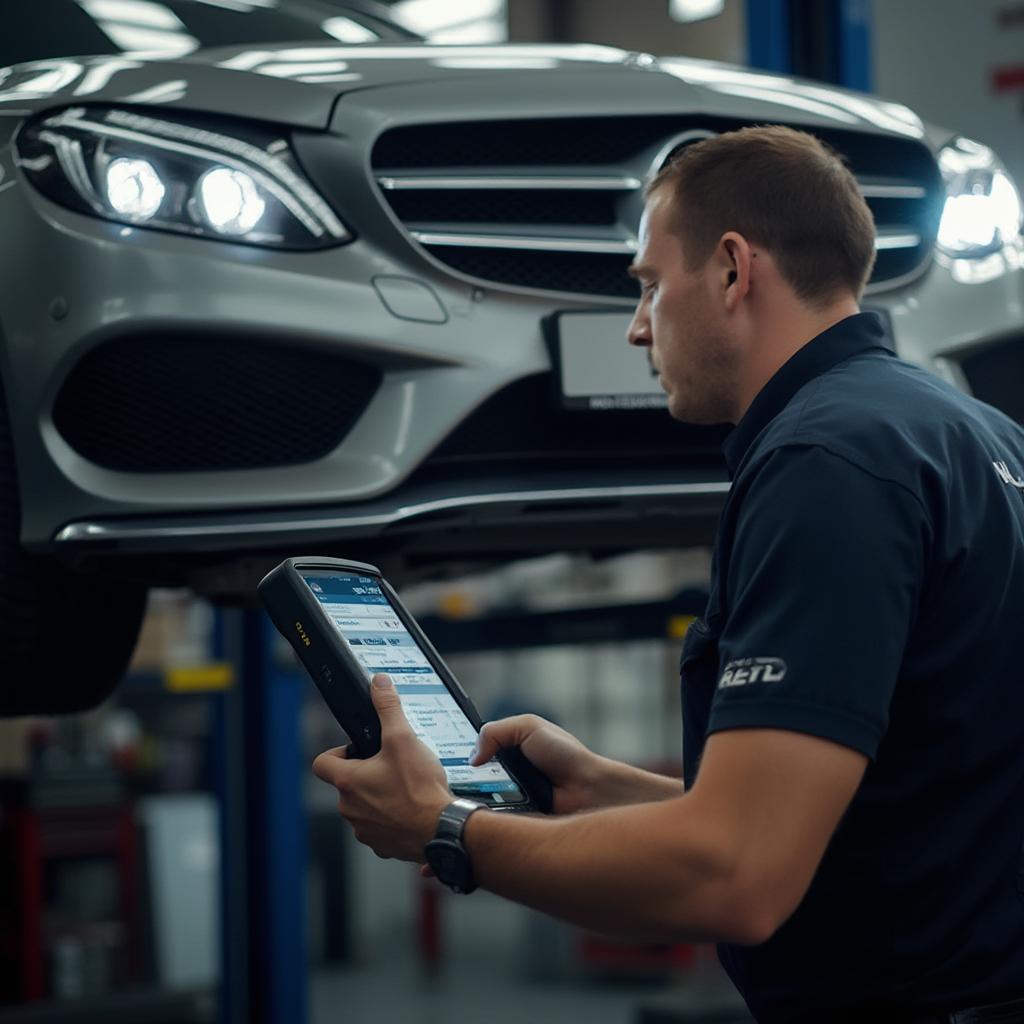 Mechanic Using an OBD2 Scanner on a Mercedes