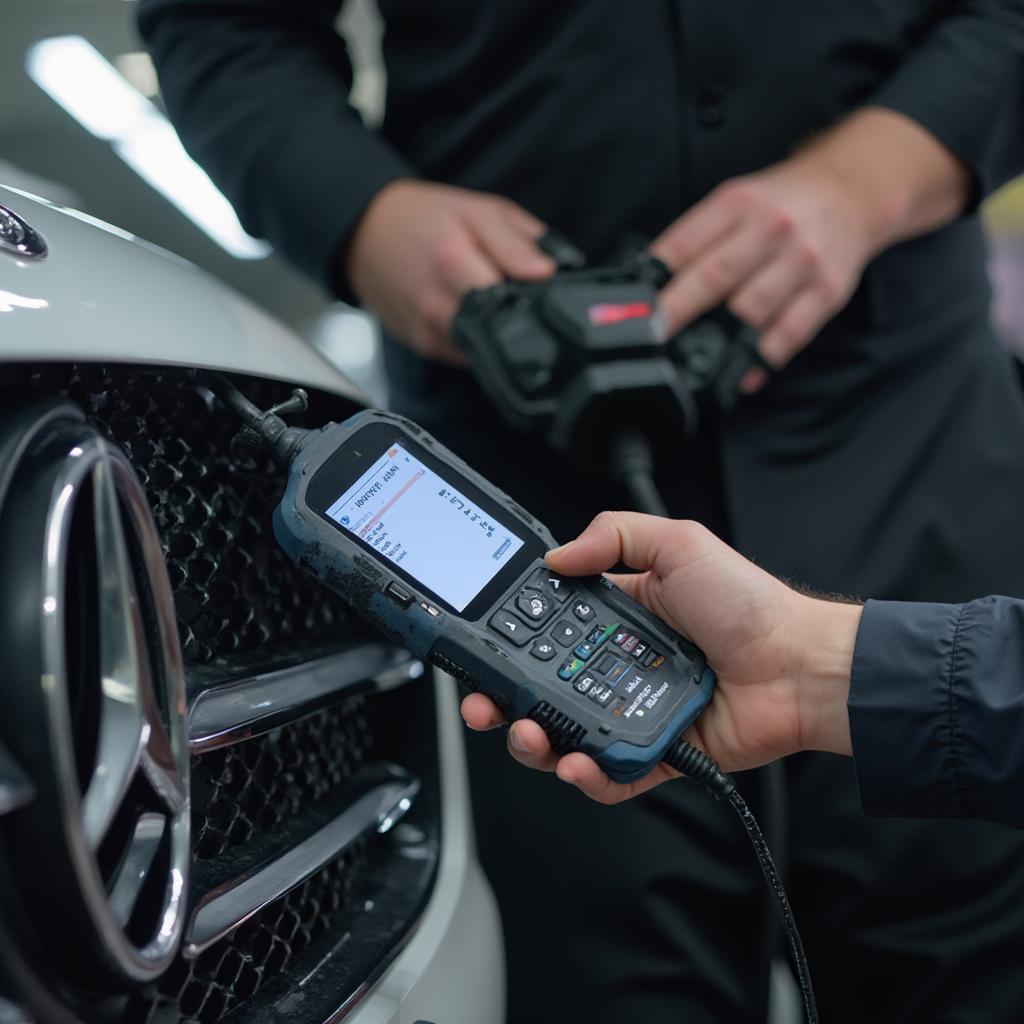 Mechanic Using an OBD2 Scanner on a Mercedes