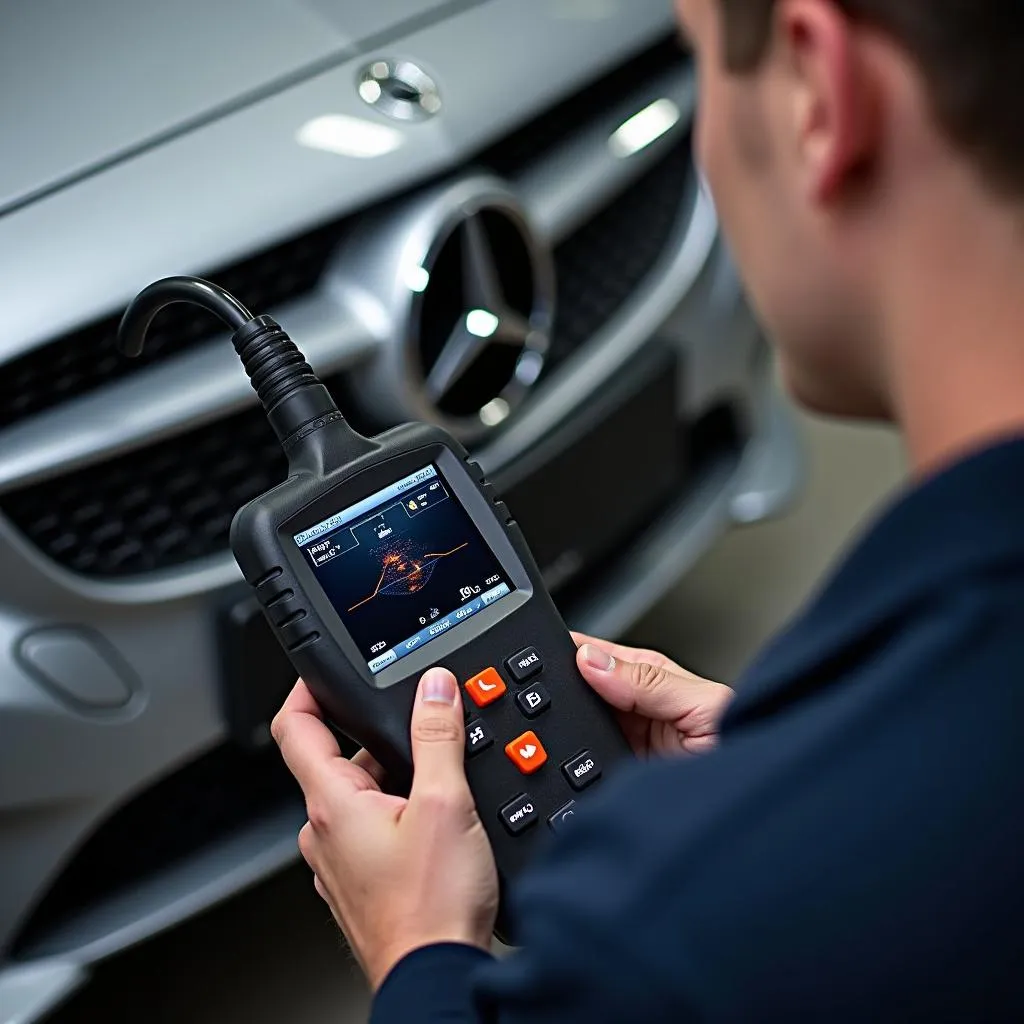 Mechanic using OBD2 scanner on Mercedes-Benz car