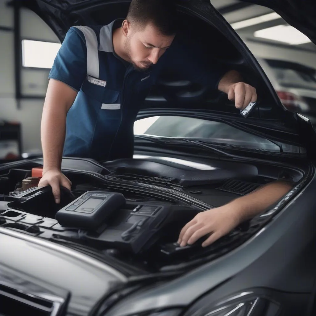 Mechanic Using OBD2 Scanner on Mercedes Engine