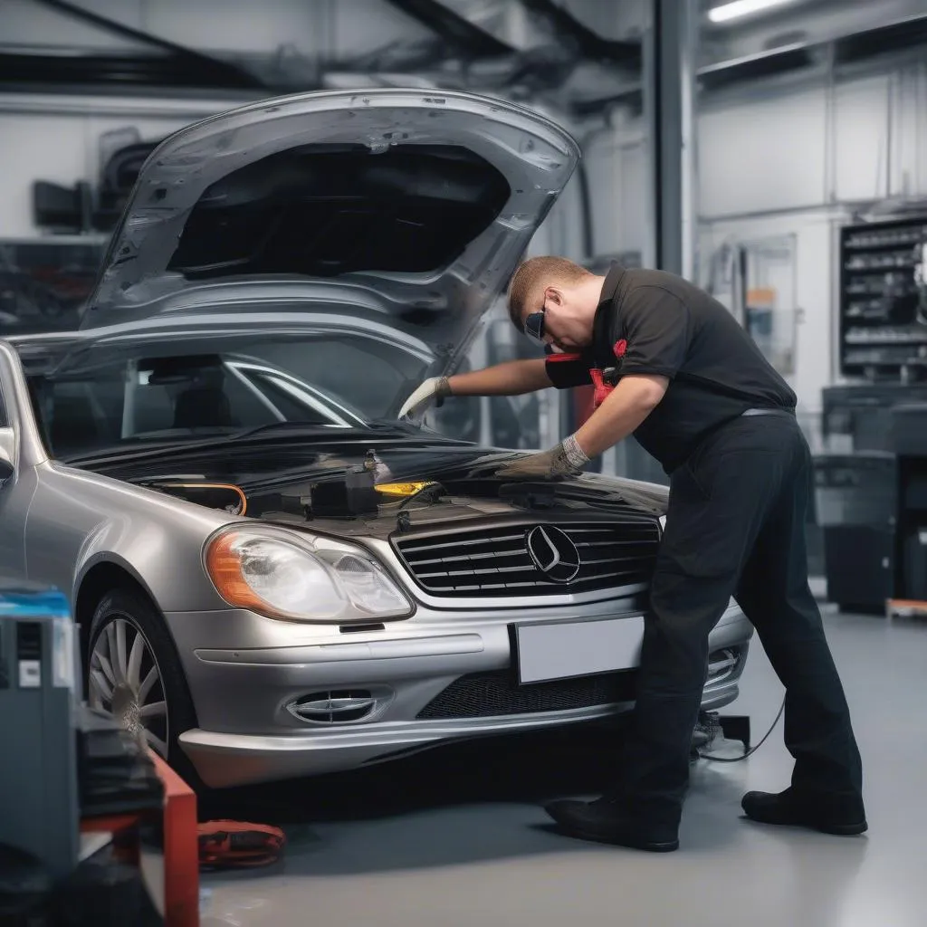 Mechanic using an OBD2 scanner on a Mercedes engine