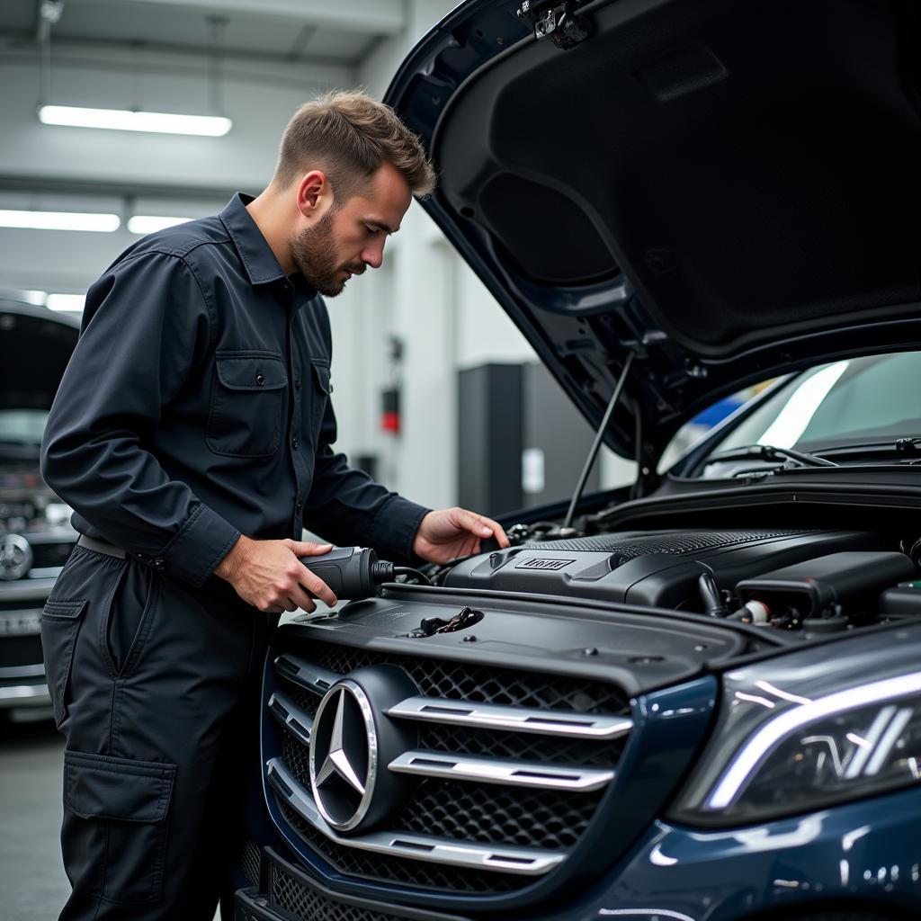 Mechanic Using OBD2 Scanner on Mercedes Engine