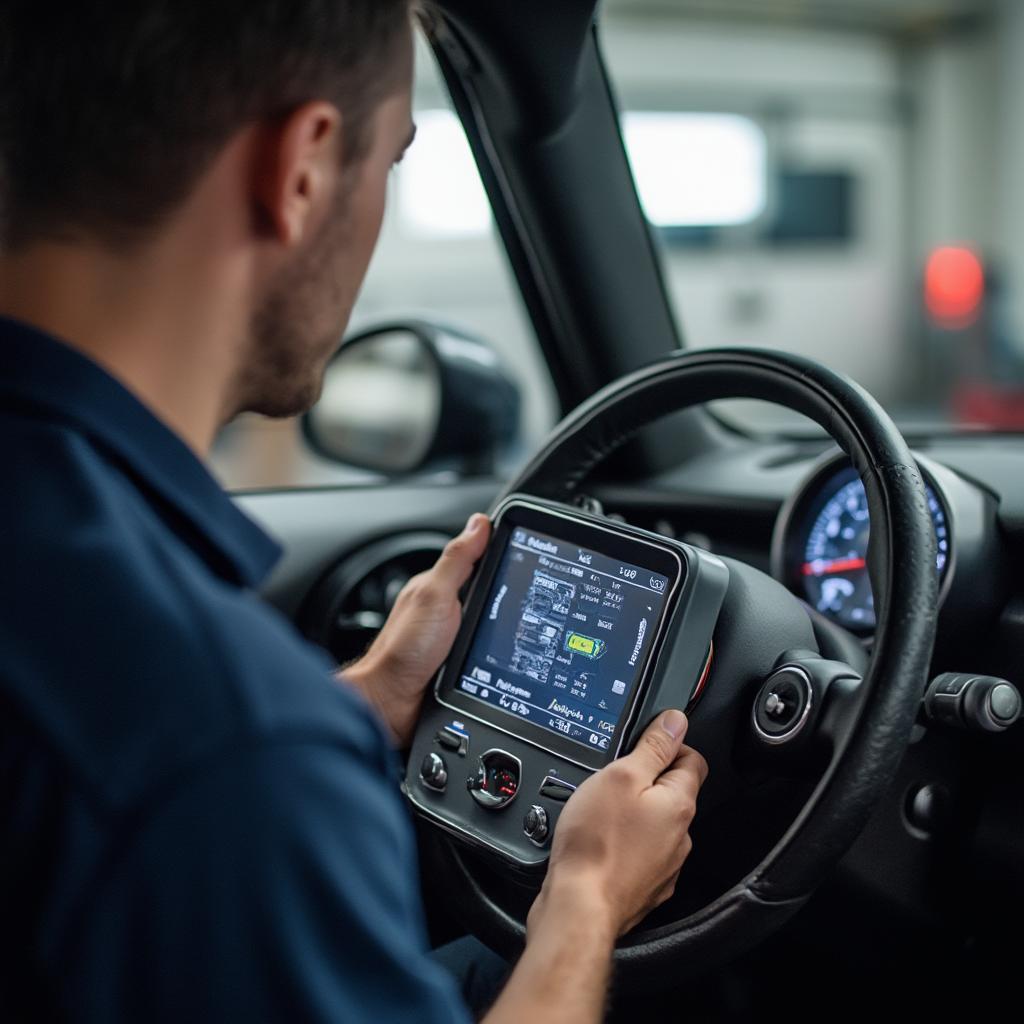 Mechanic Using OBD2 Scanner on Mini Cooper