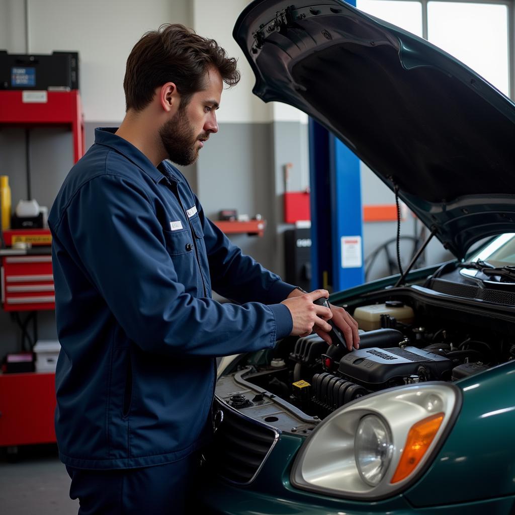 Mechanic Using OBD2 Scanner on Nissan Primera