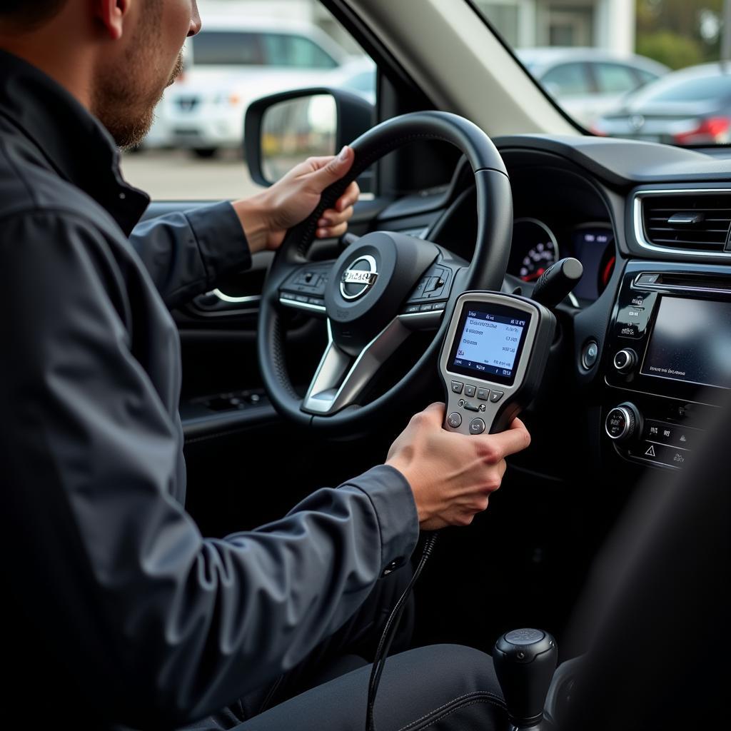 Mechanic Using OBD2 Scanner on Nissan Rogue