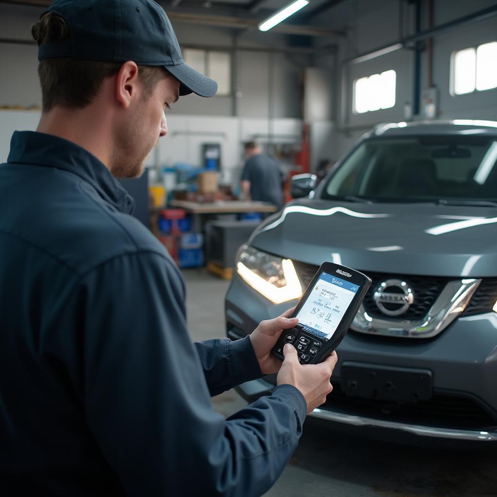 Mechanic using an OBD2 scanner on a Nissan Rogue in a garage