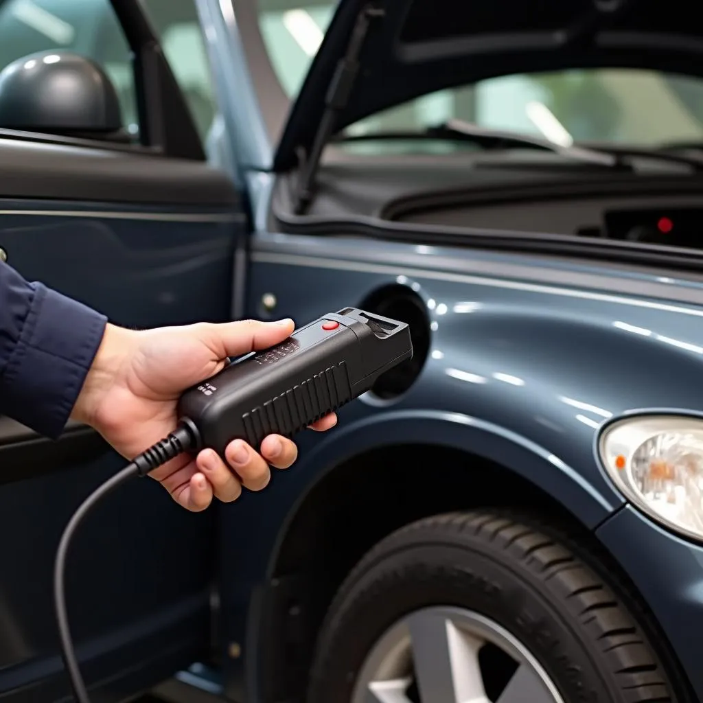 Mechanic Using OBD2 Scanner on PT Cruiser Engine