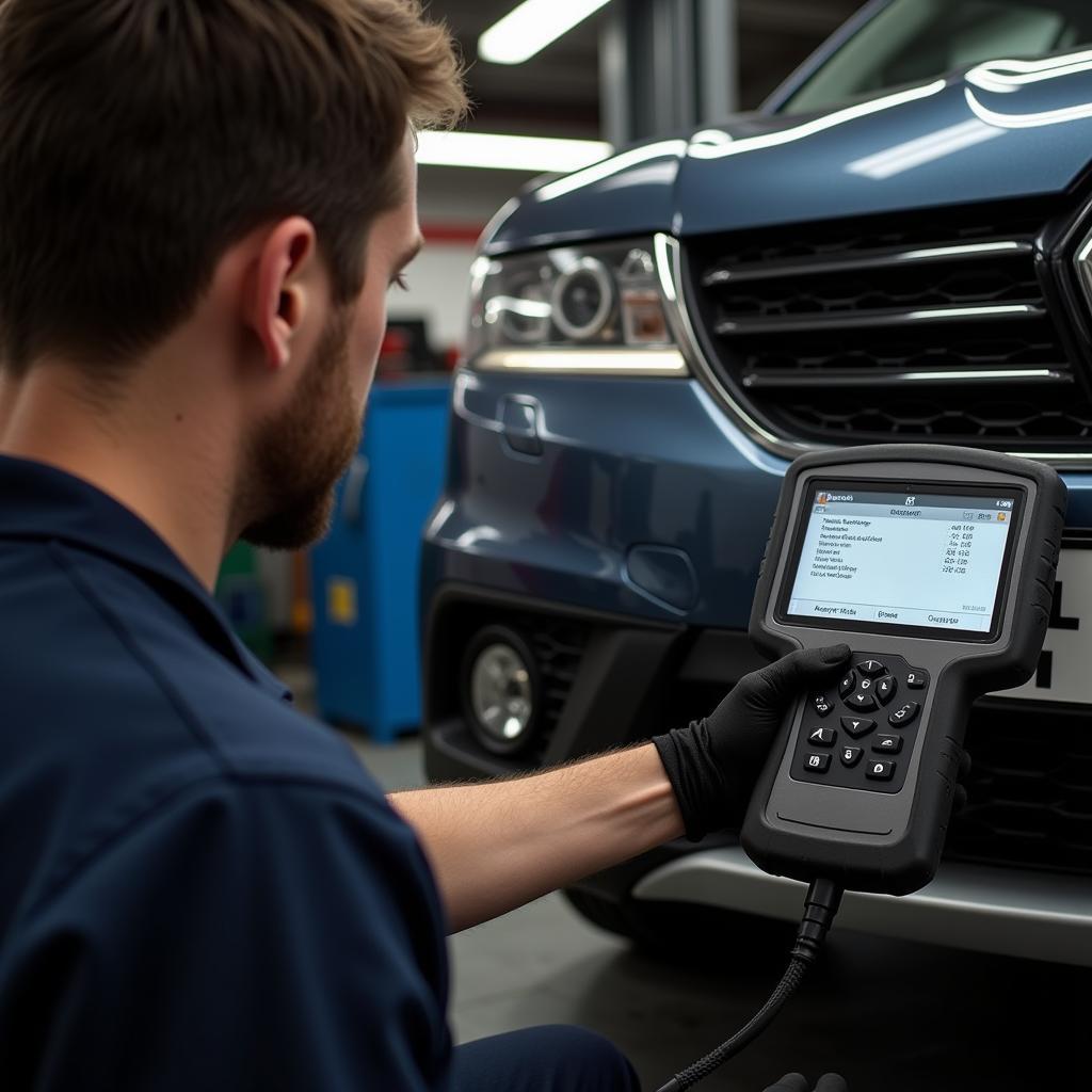 Mechanic using an OBD2 scanner to diagnose a problem on a Renault Versailles