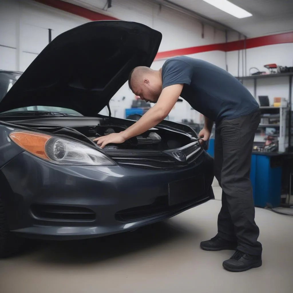 Mechanic using OBD2 scanner on running car engine