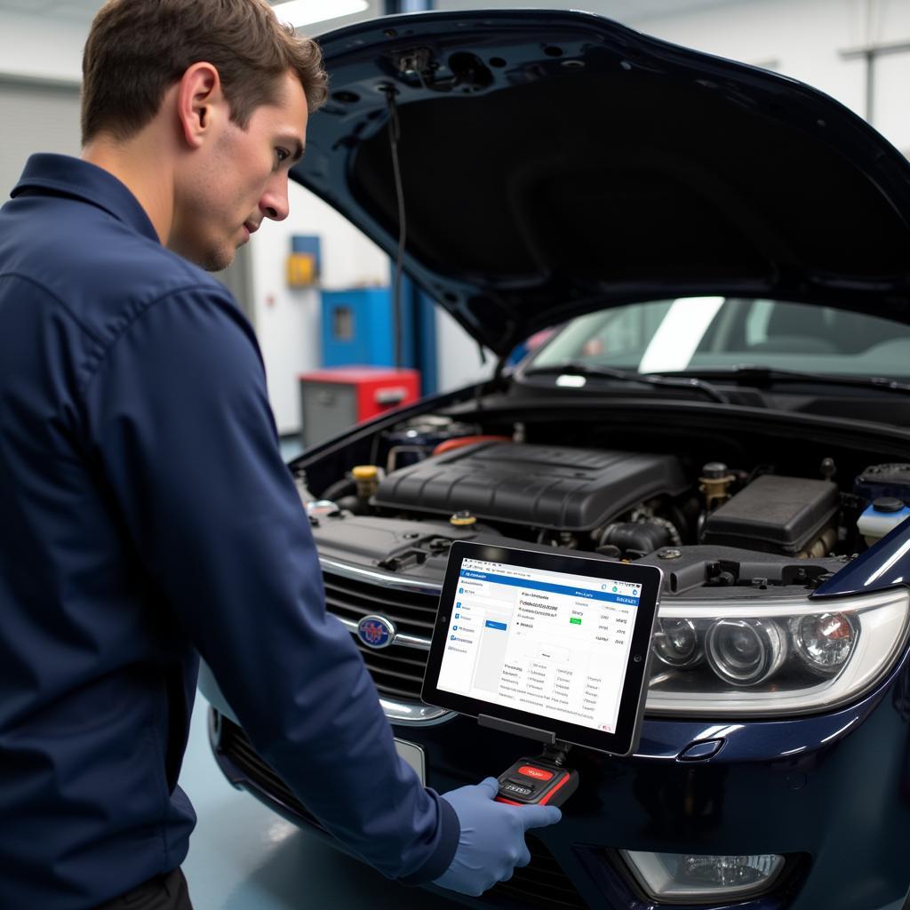 Mechanic Using an OBD2 Bluetooth Scanner on a Saab