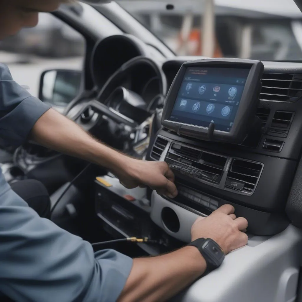 Mechanic using an OBD2 scanner on a Mercedes Sprinter van to diagnose a check engine light