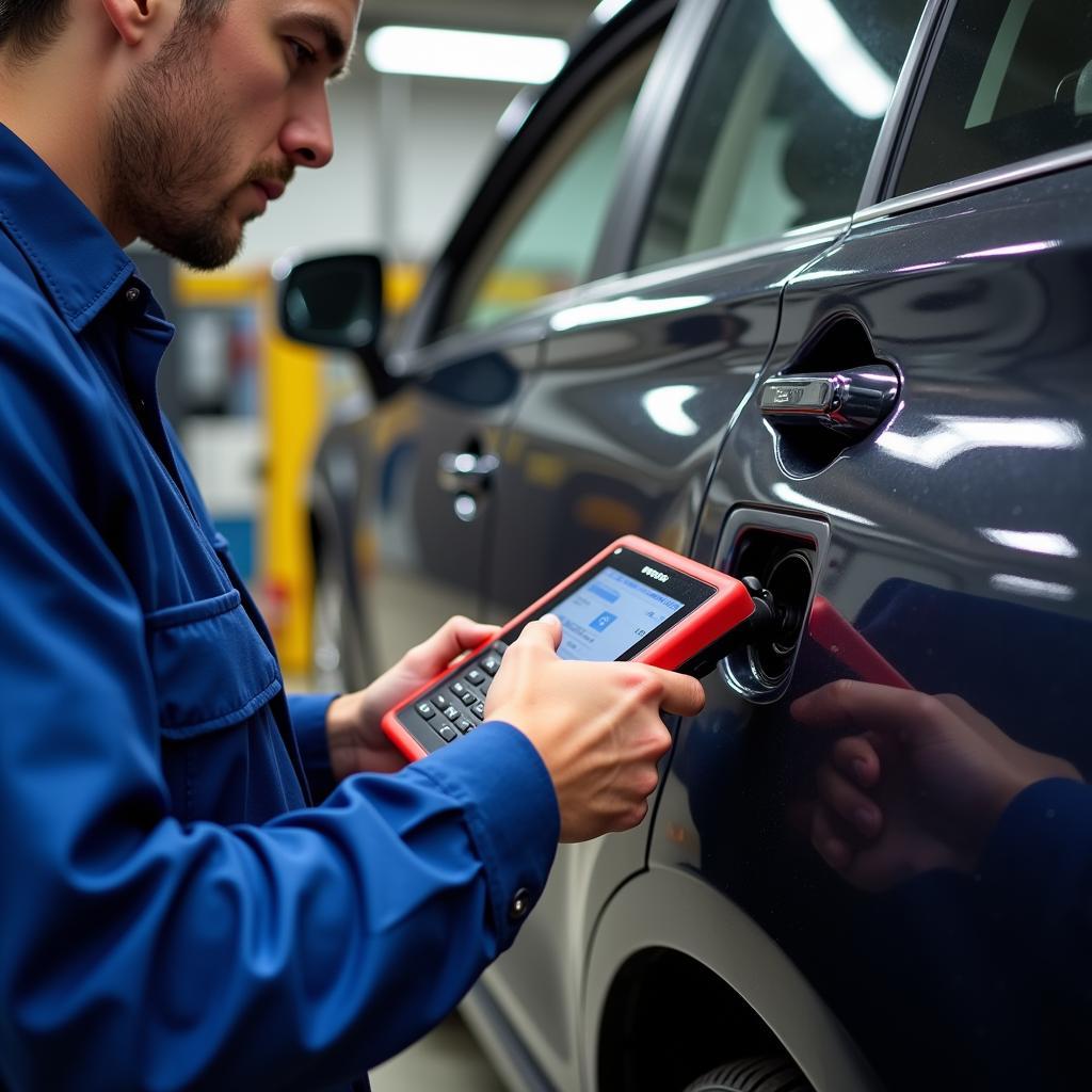 Mechanic connecting an OBD2 scanner to a Subaru