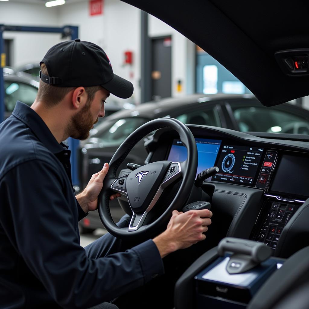 Mechanic Using OBD2 Scanner on Tesla