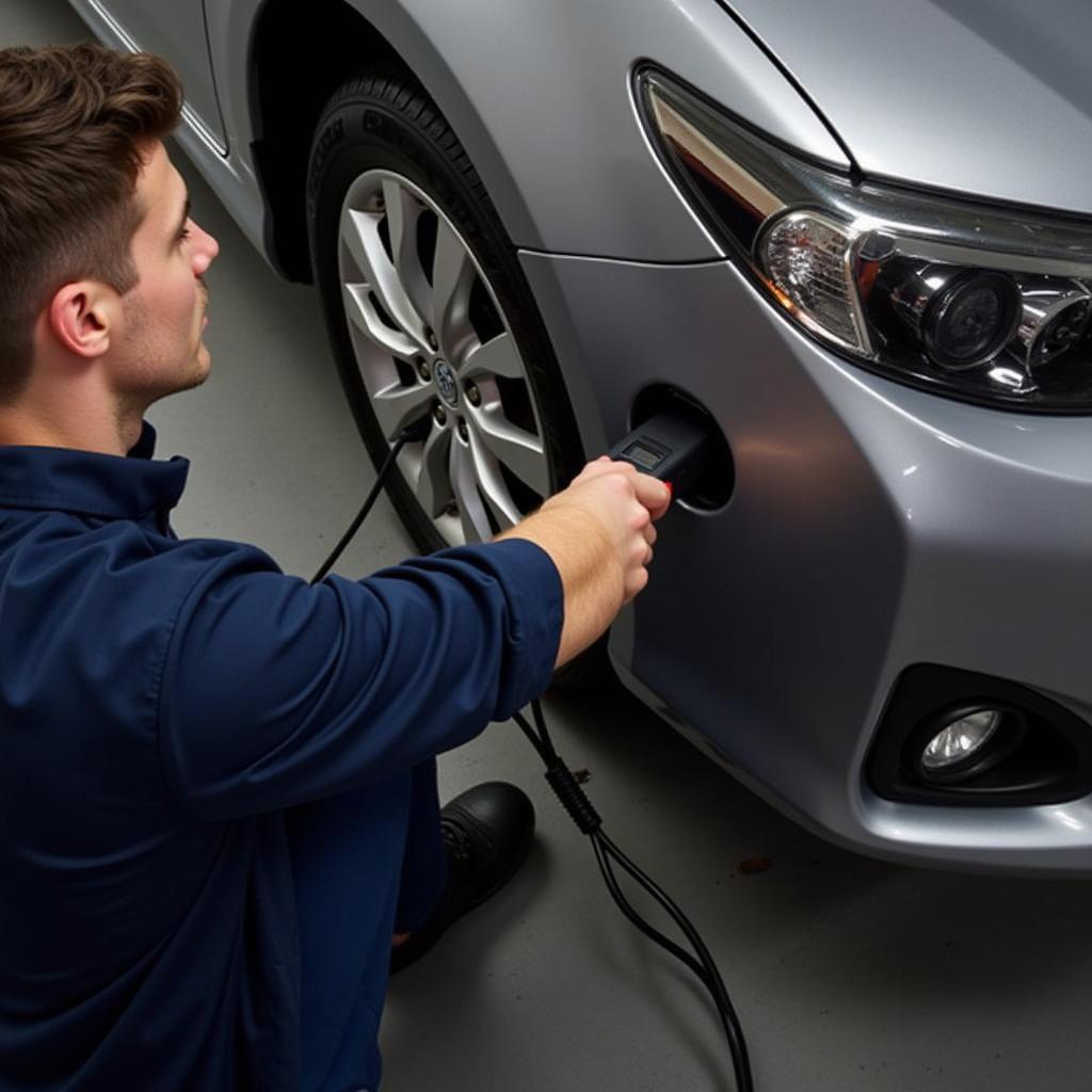 Mechanic Using OBD2 Scanner on Toyota Matrix