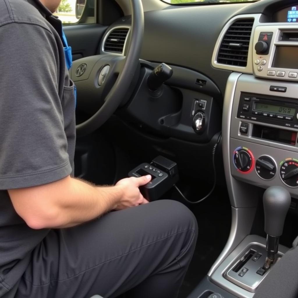 Mechanic Using OBD2 Scanner on Toyota Matrix