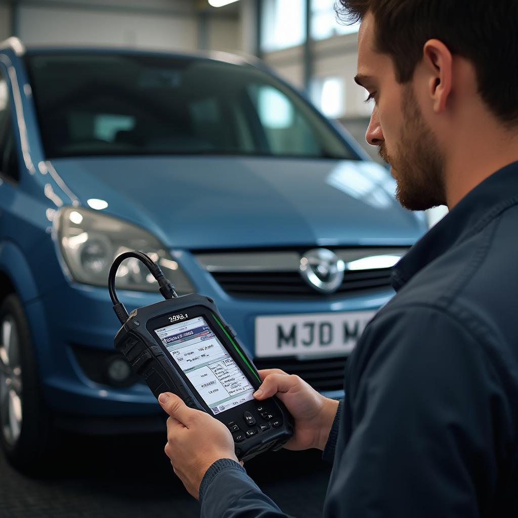 Mechanic Using OBD2 Scanner on Vauxhall Zafira