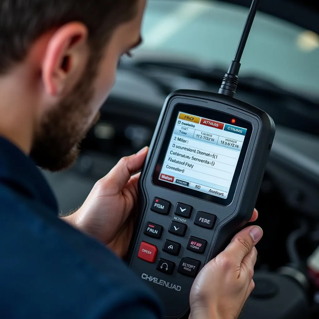 Mechanic Using OBD2 Scanner on a Vehicle