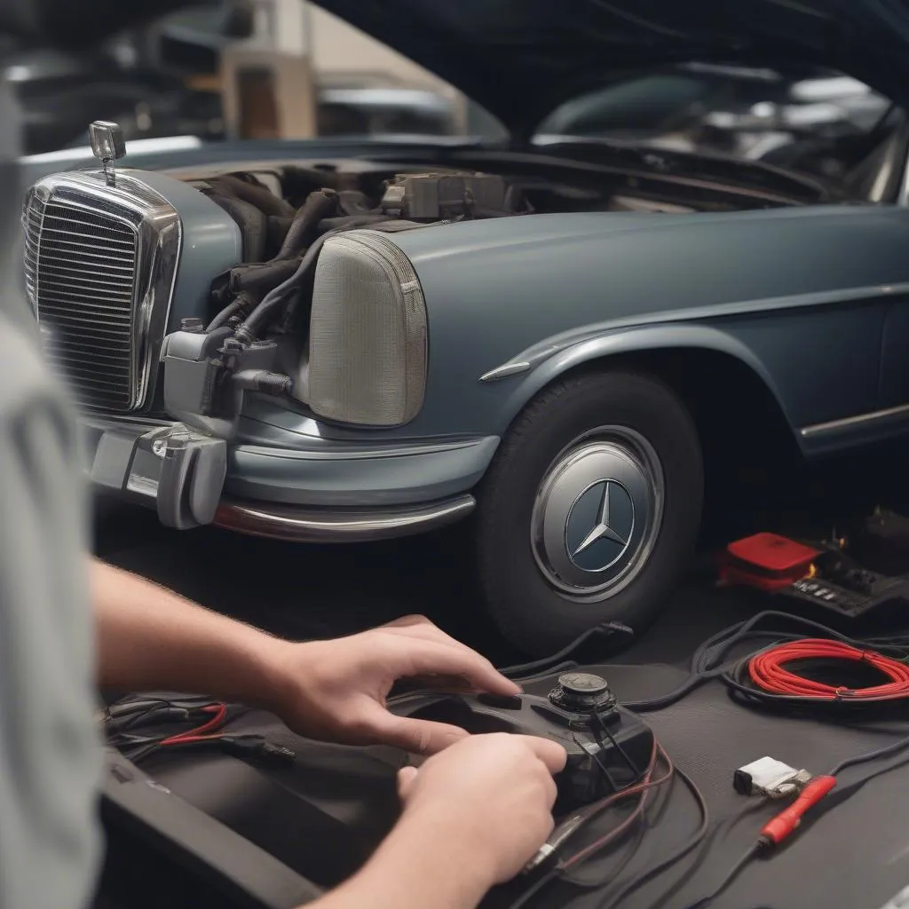 Mechanic Using OBD2 Scanner on Vintage Mercedes