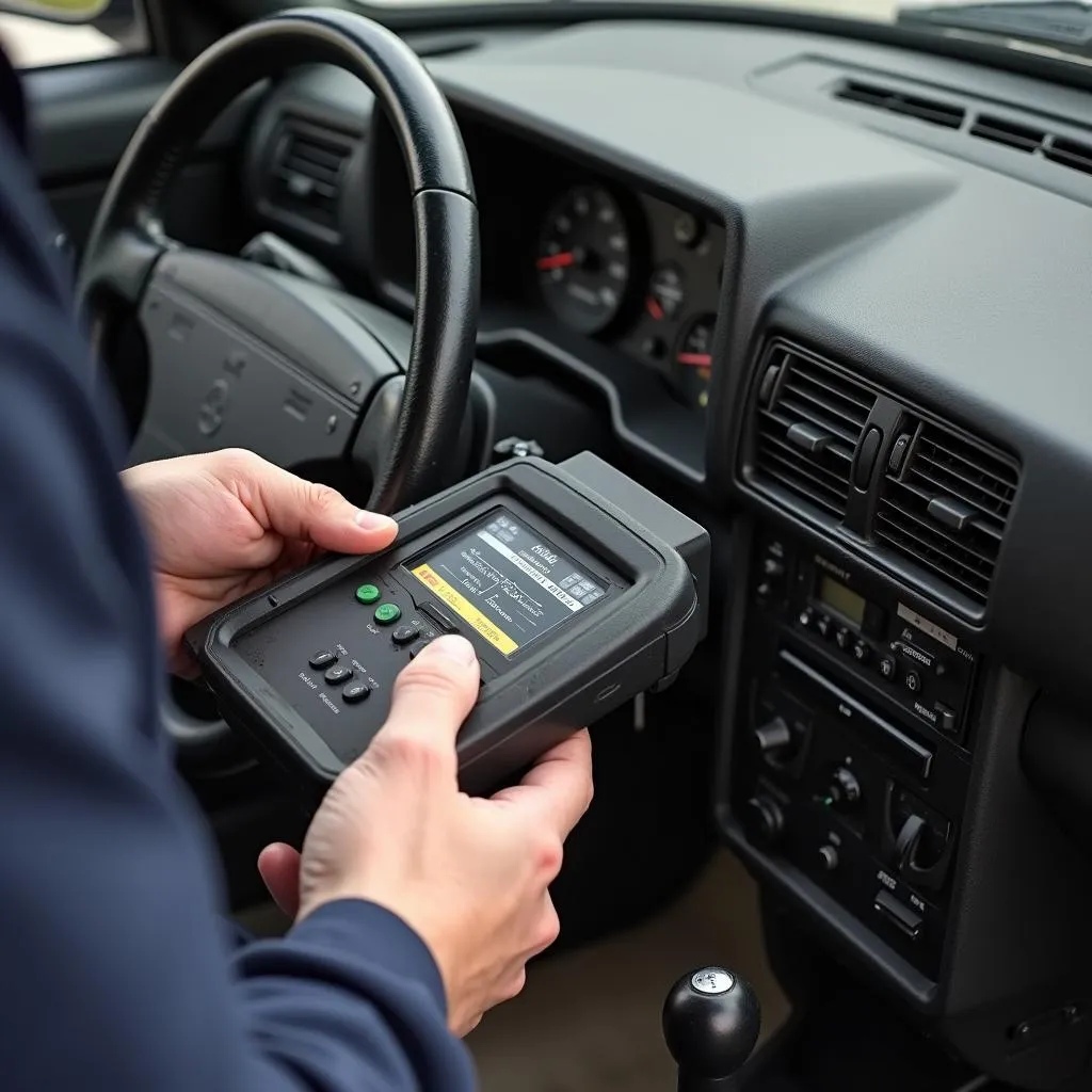 Mechanic Using OBD2 Scanner on Volvo 240