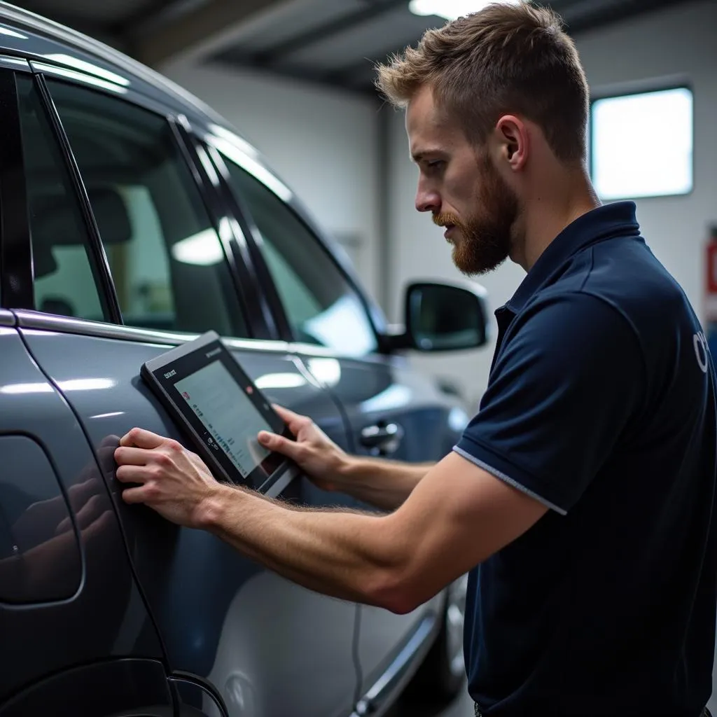 Mechanic using an OBD2 scanner on a Volvo during diagnostics