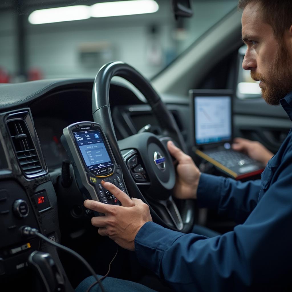 Mechanic using an OBD2 scanner on a Volvo