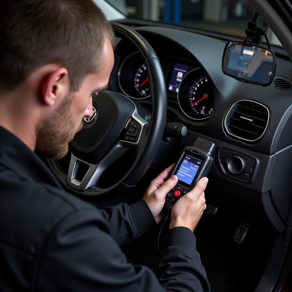 Mechanic Using OBD2 Scanner on VW