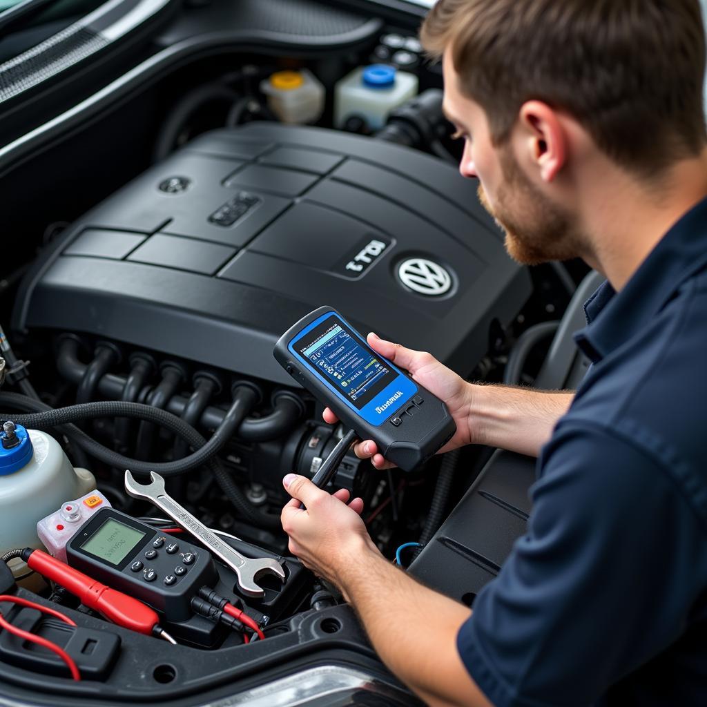 Mechanic Diagnosing a VW TDI Using an OBD2 Scanner