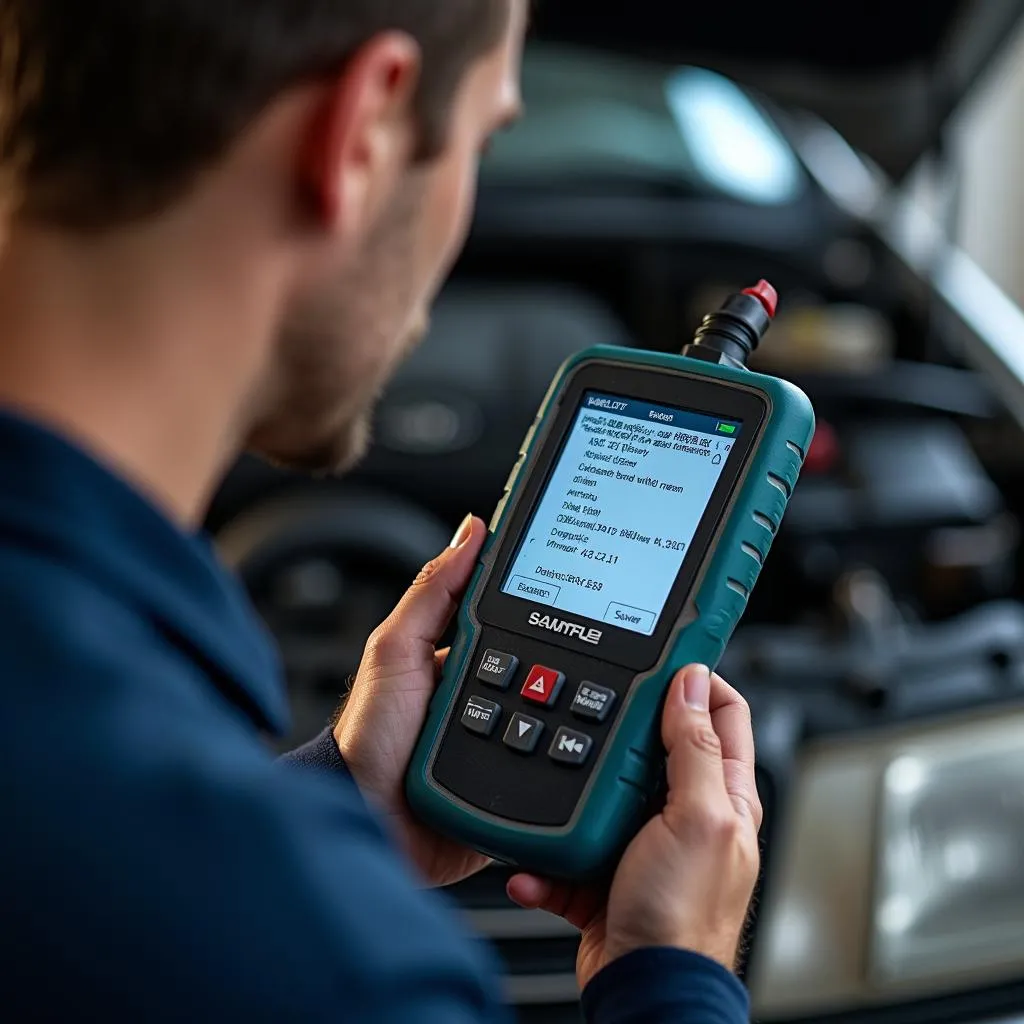 Mechanic Using OBD2 Scanner on W210 Engine