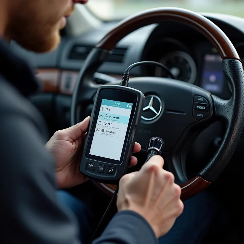 Mechanic diagnosing a Mercedes-Benz W211 E500 using an OBD2 scanner