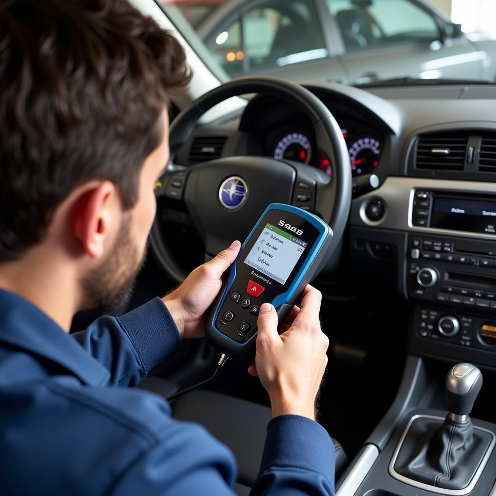 Mechanic diagnosing a Saab 9-3 with an OBD2 scanner