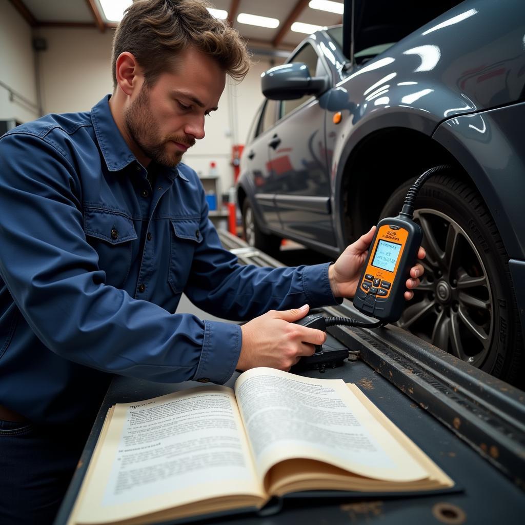 Mechanic Using OBD2 Scanner with Spanish Guide