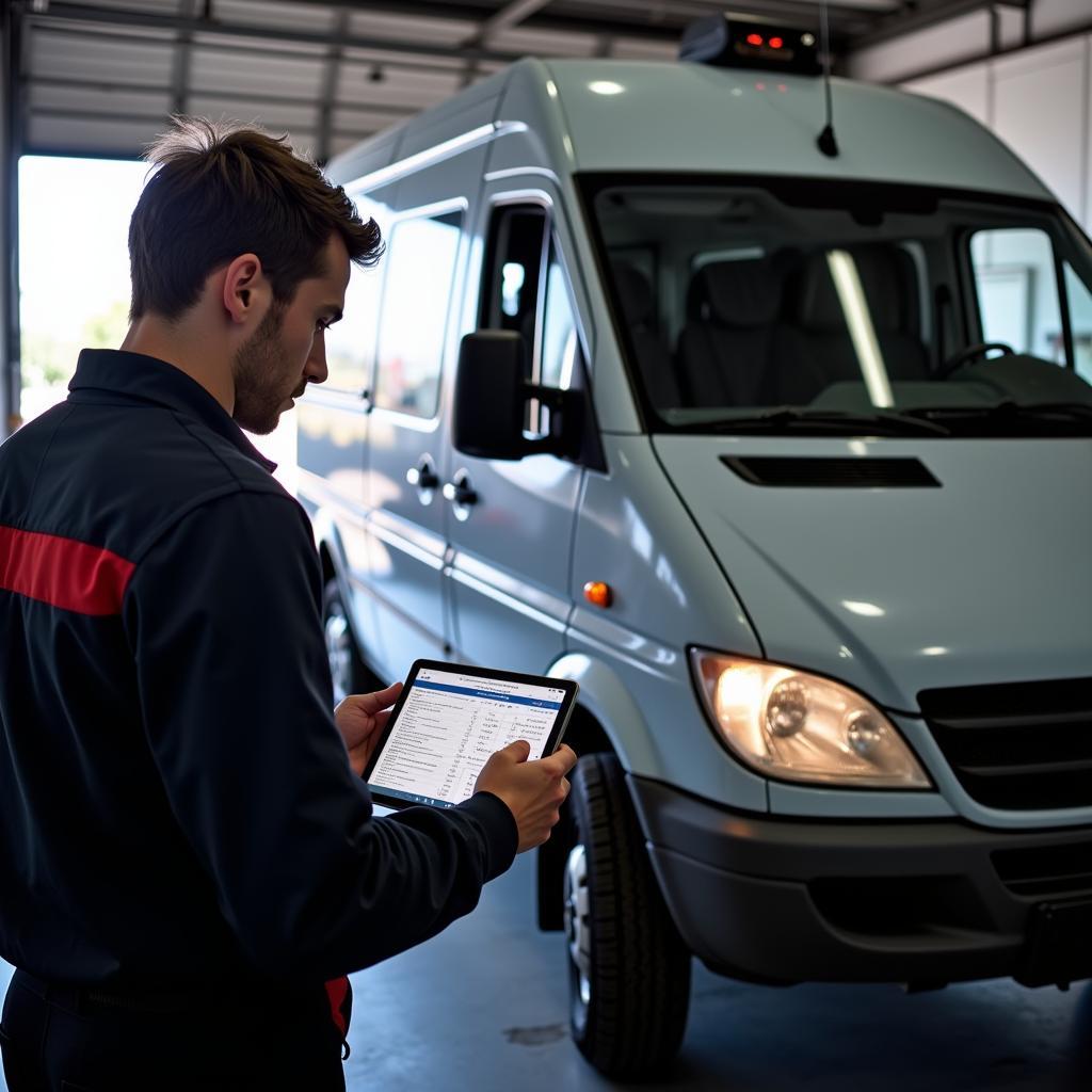 Mechanic Using OBD2 Scanner on Sprinter